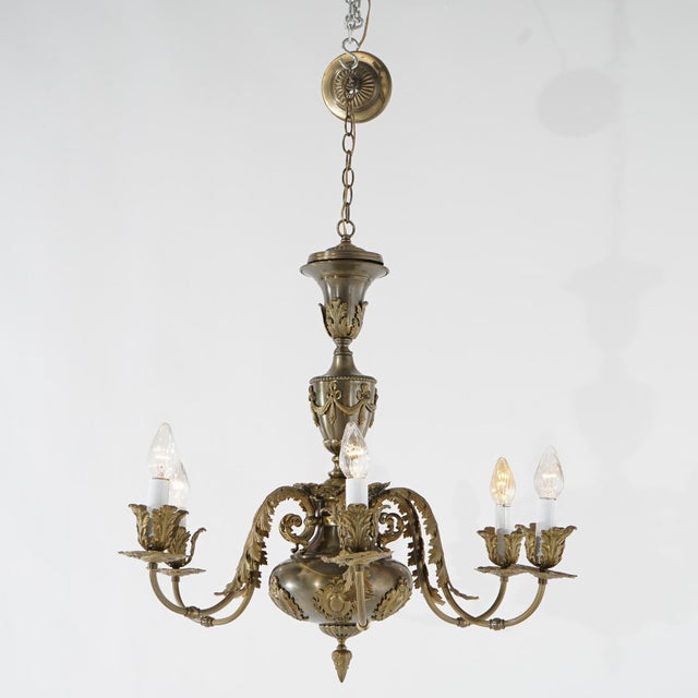 Oversized Louis XV Style Brass & Bronze 6-Light Chandelier Circa 1940 For Sale - Image 4 of 9