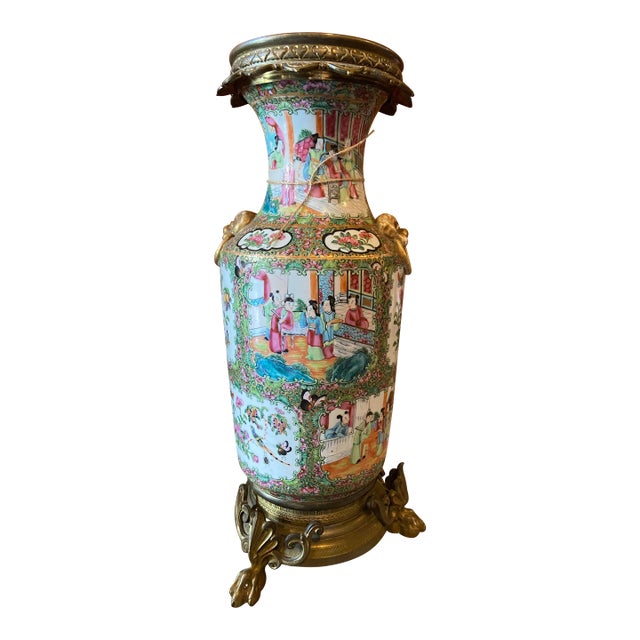 19th Century Chinese Porcelain Rose Medallion Bronze Mounted Vase For Sale