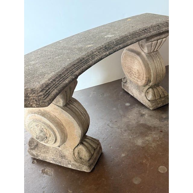 English Curved Garden Stone Bench With Scroll and Lion's Head Base Supports For Sale - Image 11 of 11