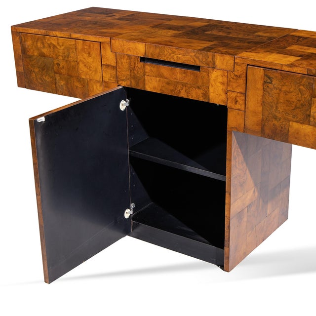 Brown Paul Evans for Directional Mid Century Patchwork Burlwood T Bar Console Table For Sale - Image 8 of 9