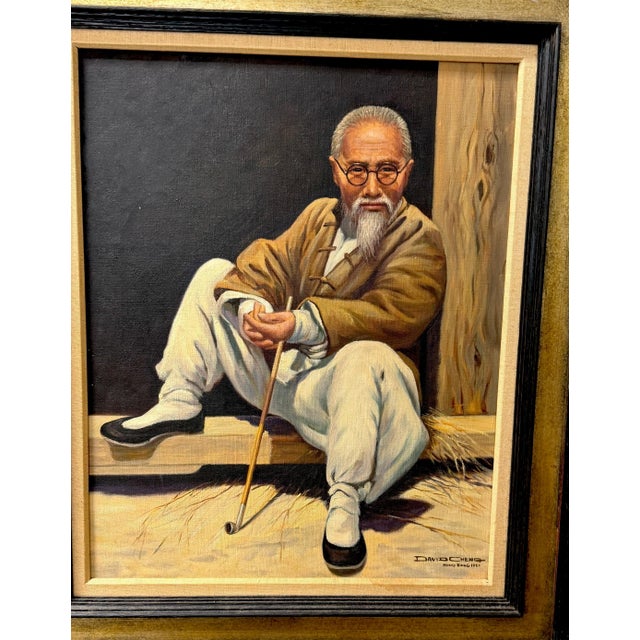 David Cheng Hong Kong 1961 Portrait of Scholar with Opium Pipe Oil Painting For Sale - Image 9 of 9