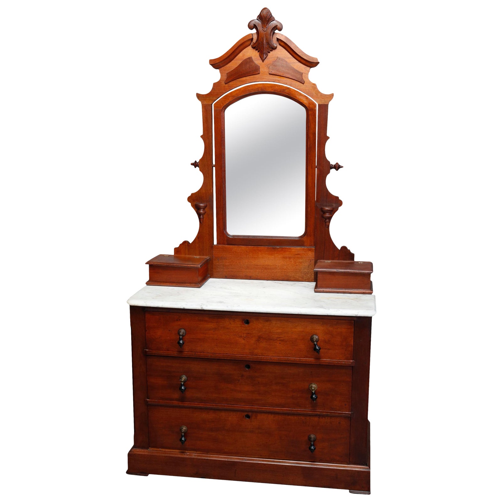 Antique Victorian Carved Walnut MarbleTop Mirrored Dresser, Circa 1890