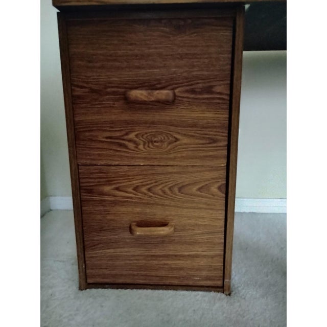 Desk - 2 File Cabinets + Desktop Walnut Wood Portable 3 Pc Retro Wooden Desk Euc For Sale In Chicago - Image 6 of 13