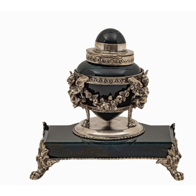 Rare French Bloodstone Sterling Silver Cherub Mounted Inkwell, Circa 1920 For Sale - Image 4 of 11