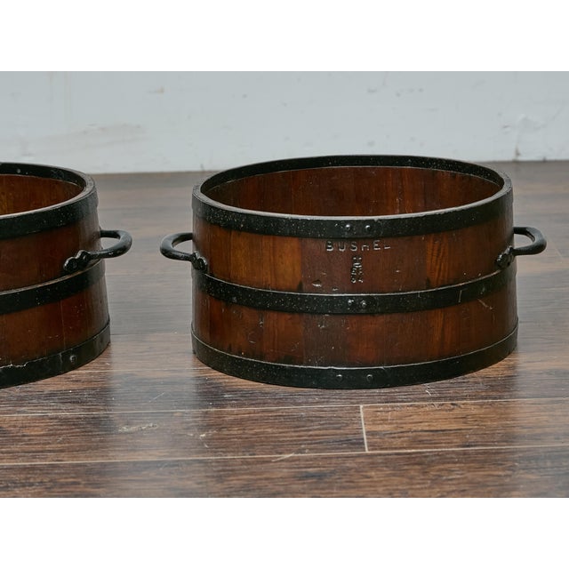 Brown Pair of Antique English Bushel Measures with Iron Bands, Rustic Decor For Sale - Image 8 of 11