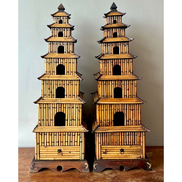 Chinoiserie Vintage Asian Rattan Pagodas - A Pair For Sale - Image 3 of 11