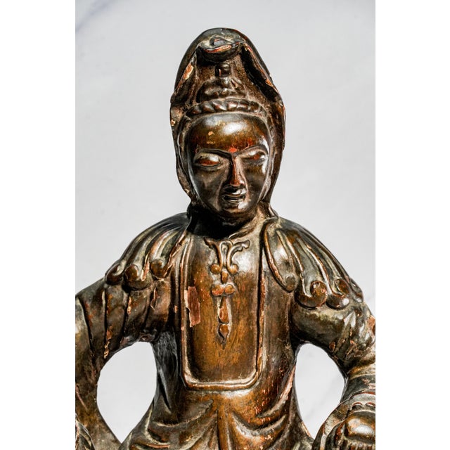 Asian Antique Hand Carved Large Antique Chinese Guanyin Wood Sculpture on Dragon Buddhist Asian Home Decor For Sale - Image 3 of 17