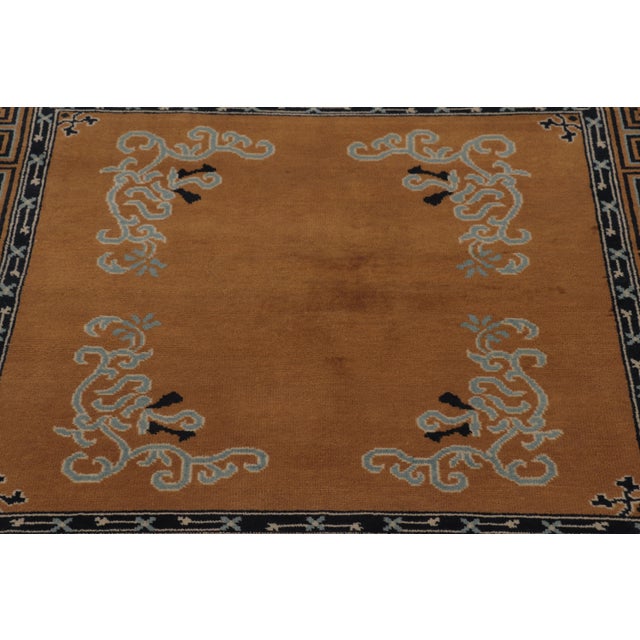 Rug & Kilim Rug & Kilim’s Chinese Art Deco Inspired Square Rug, Brown With Greek Key Border For Sale - Image 4 of 8