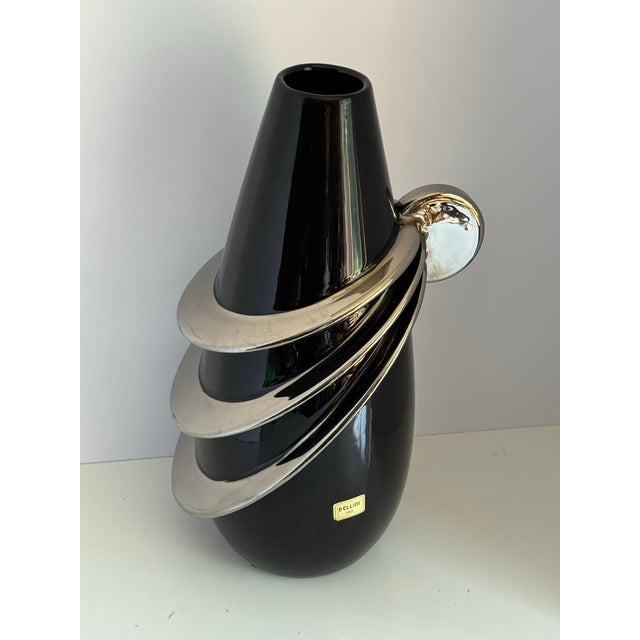 Italian Bellini Black & Chrome Art Glass Vase Italy For Sale - Image 3 of 7
