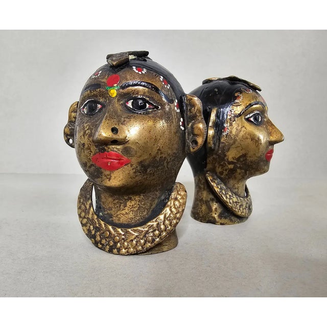 Indian Antique India Painted Brass Hindu Gauri Head Sculptures - a Pair For Sale - Image 3 of 10