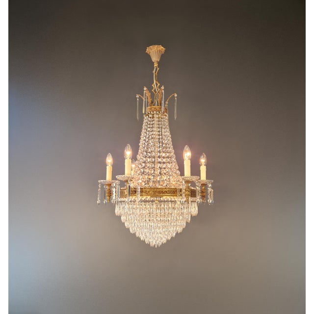 Art Deco Antique Empire Style Brass Crystal Chandelier Neoclassical European Basket For Sale - Image 3 of 11