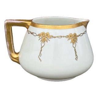 Antique Blakeman & Henderson Limoges Pitcher – White Porcelain With Gold Floral Trim – Marked For Sale