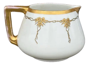 Antique Blakeman & Henderson Limoges Pitcher – White Porcelain With Gold Floral Trim – Marked