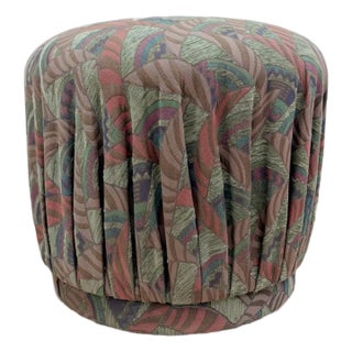 Vintage Postmodern Purple Green Ottoman Leaf Pattern Retro Accent Pouf For Sale