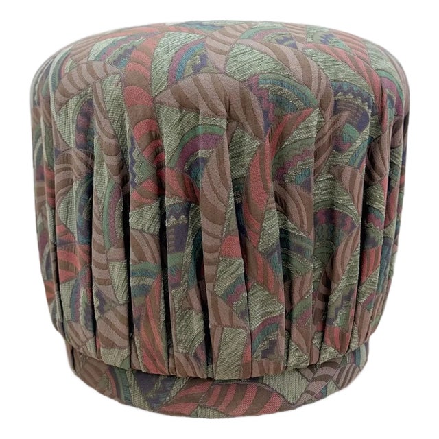 Vintage Postmodern Purple Green Ottoman Leaf Pattern Retro Accent Pouf For Sale