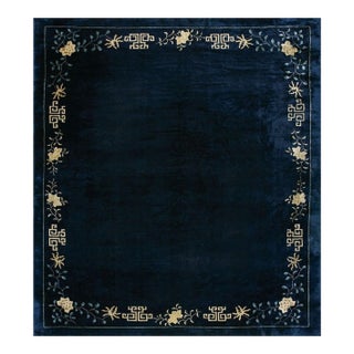 1890s Minimalist Open Field Antique Chinese Peking Navy Blue Room Size Wool Rug For Sale