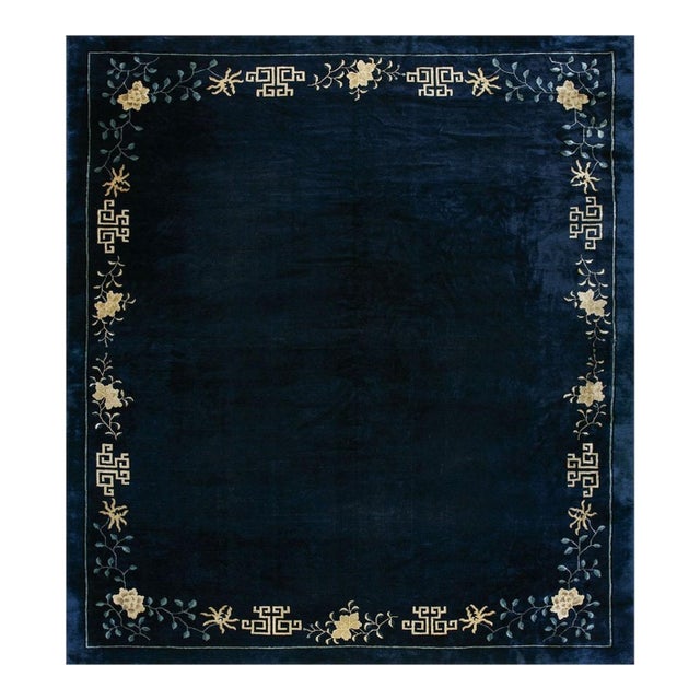 1890s Minimalist Open Field Antique Chinese Peking Navy Blue Room Size Wool Rug For Sale