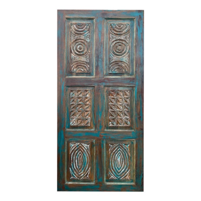 Artisan-Carved Vintage Blue Barn Door – Decorative Closet Door & Architectural Statement Door 80x36 For Sale