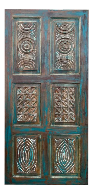 Artisan-Carved Vintage Blue Barn Door – Decorative Closet Door & Architectural Statement Door 80x36