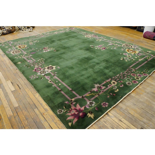 1920s Green Floral Modern Antique Chinese Art Deco Rug 9' X 11' 6" Handknotted Wool Carpet For Sale - Image 15 of 15
