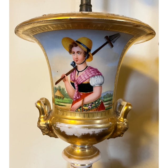 Gold Antique Early 19th Century Old Paris Porcelain Urn Vases Decorated With Gardeners Now Mounted as Table Lamps - A Pair For Sale - Image 8 of 16