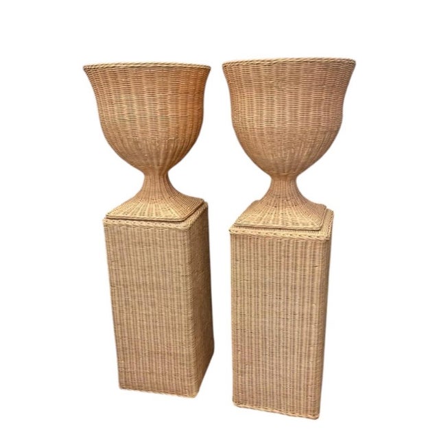 2000 - 2009 Pair of Vintage Natural Wicker Urn Planters With Pedestal Plinths For Sale - Image 5 of 12