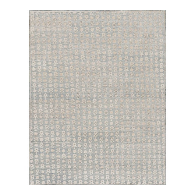 Rug & Kilim’s Modern Block Print Runner Rug in Blue with White Floral Patterns - 3x10 For Sale