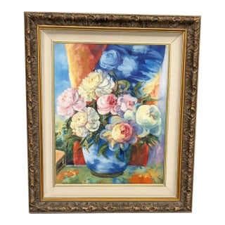 Mid 20th Century Impressionist Style Floral Still Life Oil Painting in Ornate Frame For Sale