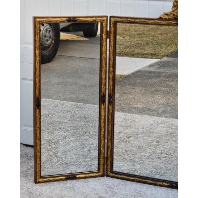 Vintage French Carved Walnut Tri Fold Mirror W/Gold Highlights For Sale - Image 12 of 12