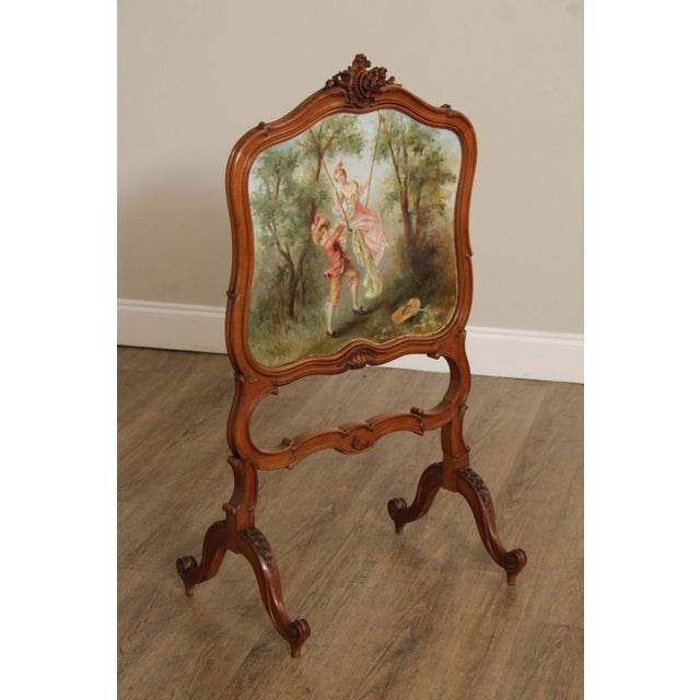 High Quality Antique Circa 1900 Firescreen with Oil Painted Courtship Scene in Carved Walnut Frame, Signed Marie Huleau