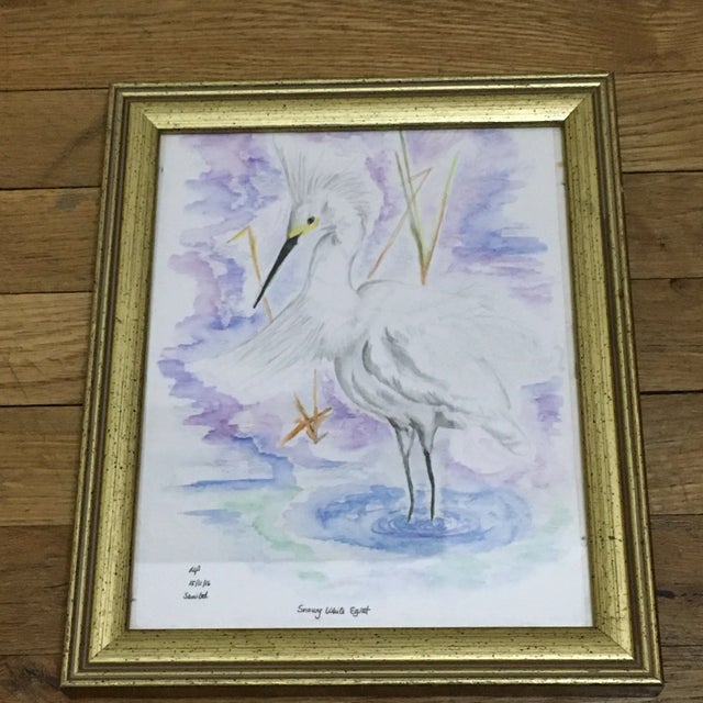 Blue Snowy White Egret Tropical Watercolor Painting For Sale - Image 8 of 8