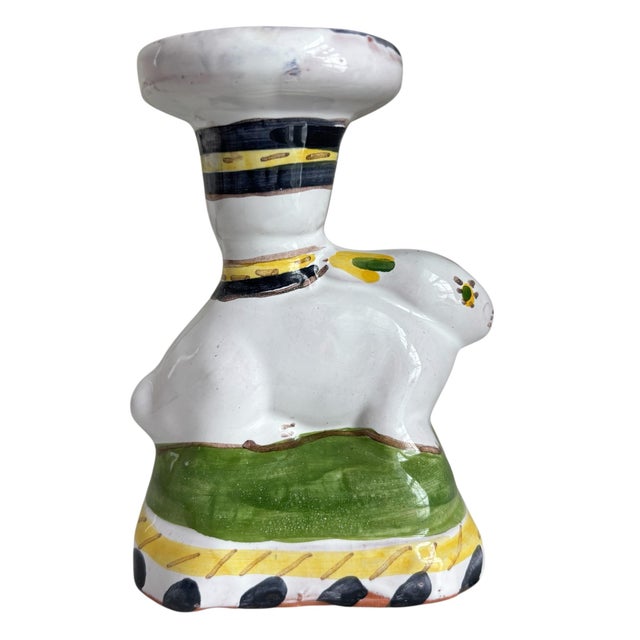 Ceramic Vintage Portugal Deruta Style Hand Painted Rabbit Candlestick Holders For Sale - Image 7 of 9