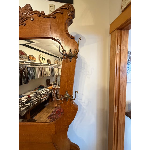 Copper Large Antique Victorian Oak Hall Tree With Storage For Sale - Image 8 of 12