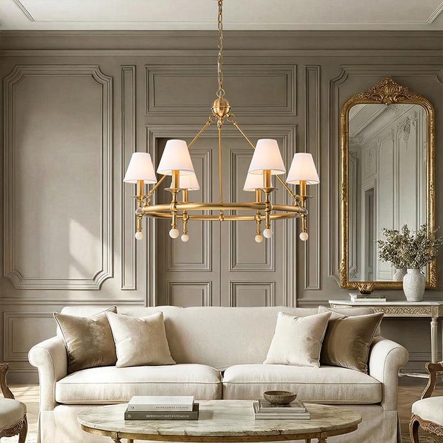 Textile Aloadecor Warm Brass Chandelier With Fabric Shades and Alabaster Finials For Sale - Image 7 of 10
