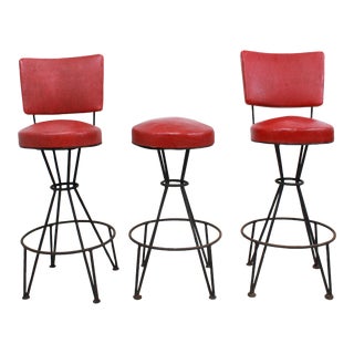 Mid Century Modern Bright Red Bar Stools Set of 3 For Sale