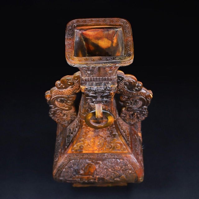 Brown 1930s Carved Horn "Landscape & Figure" Vase With Beast-Head Ring Handles — Detailed Relief For Sale - Image 8 of 10