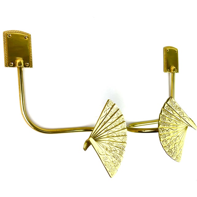 Metal Vintage Gold Brass Fan Curtain Drapery Holdback Sconces For Sale - Image 7 of 12