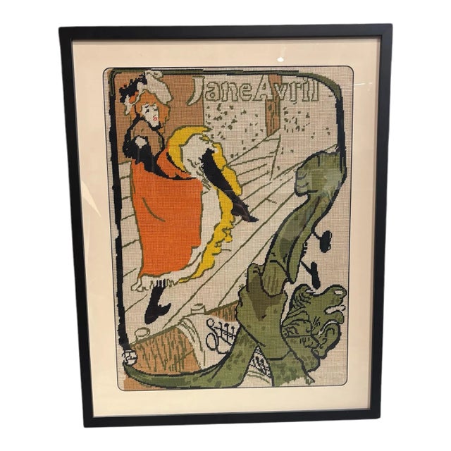 Vintage French, Belle Epoque, Moulin Rouge Needlepoint (Jane Avril) For Sale