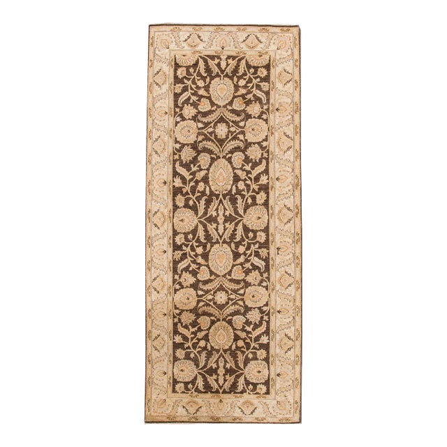 Modern Peshawar Handmade Brown Floral Wool Runner For Sale