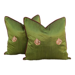 Pair of Morya Green Zardozi Pillows For Sale