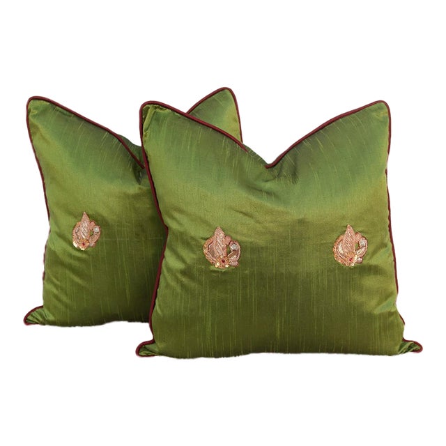 Pair of Morya Green Zardozi Pillows For Sale
