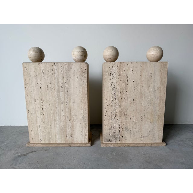 Stone On Hold // 1980’s Postmodern Italian Geometric Travertine Dining Table Base - A Pair For Sale - Image 7 of 16