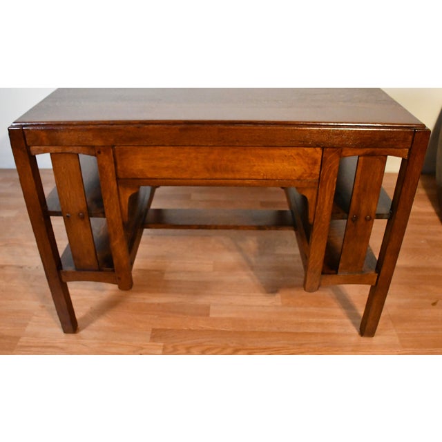 1900s Antique Mission Arts & Crafts Solid Tiger Oak Office Desk / Writing Desk For Sale - Image 14 of 16