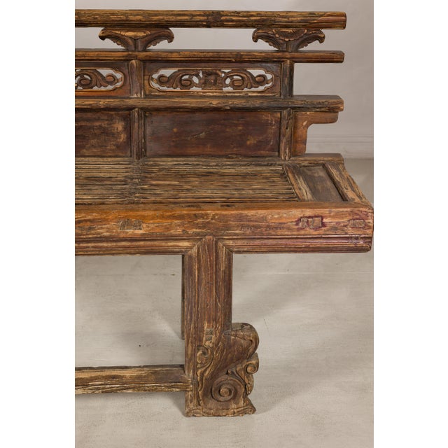 Antique Chinese Rustic Wood Bench with Carved Openwork Back For Sale - Image 11 of 14