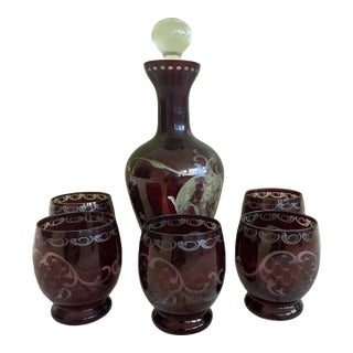 Vintage Bohemian Crystal Decanter Set With Glasses- 6 Pieces For Sale