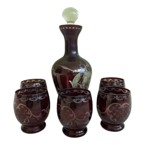 Vintage Bohemian Crystal Decanter Set With Glasses- 6 Pieces