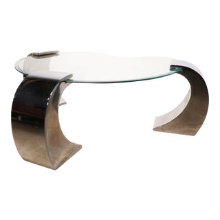 Kidney Shaped Glass and Chrome Coffee Table For Sale