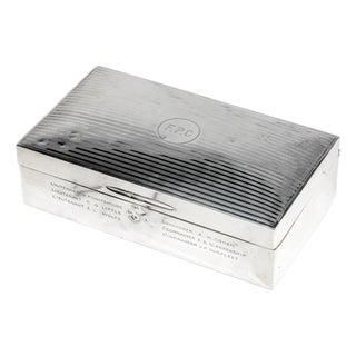 Handsome Art Deco Engine Turned Desk Cigarette Box Antique English Sterling Silver Military Presentation Luxury Home Decor For Sale