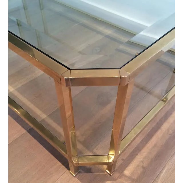 Roche Bobois Mid Century Modern Roche Bobois Two Tiered Brass Coffee Table With Octagonal Corners and Beveled Top Glass Circa 1970 Pair of Tables For Sale - Image 4 of 6