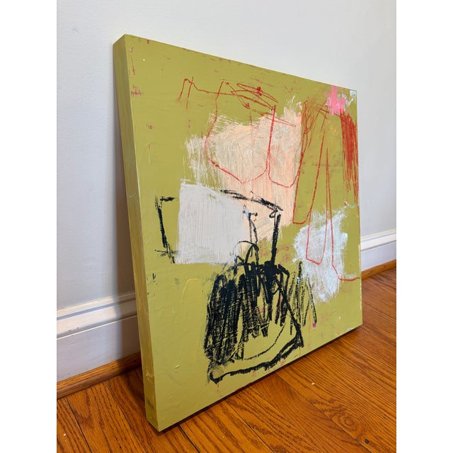 Acrylic, paint stick, and pencil on cradled wood panel, 20 x 20 x 1.5. Edges painted the same green as the background.